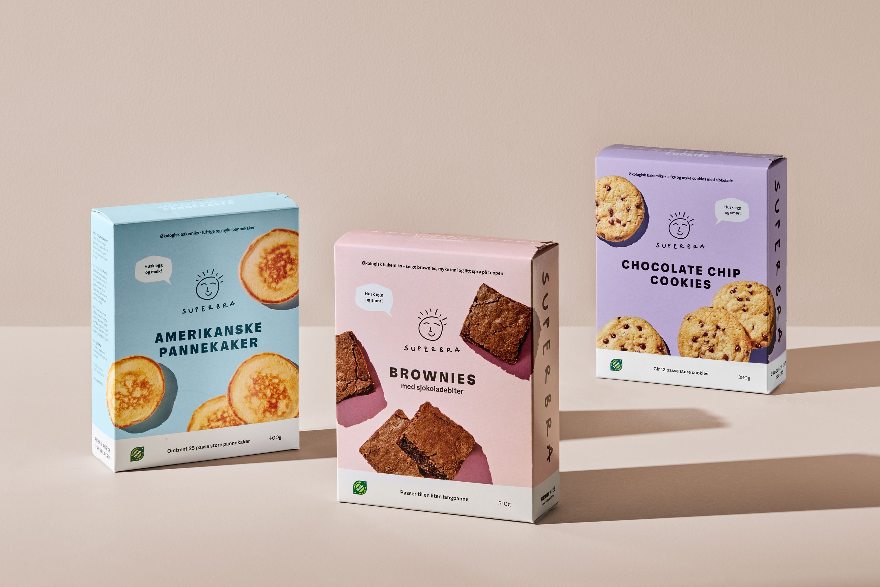 Super Bra sine ulike bakemikser, brownies, pannekaker, og cookies.