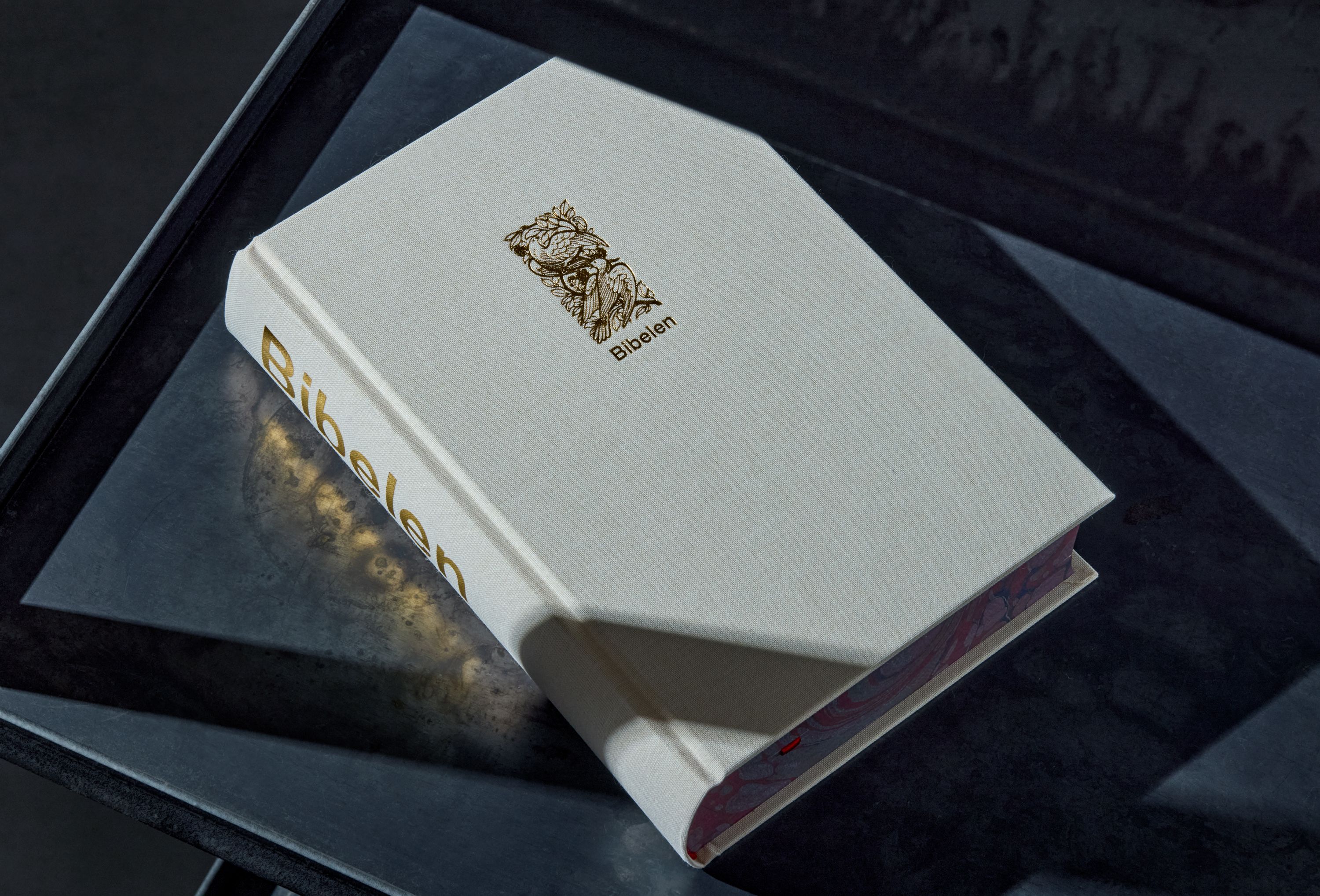 Omslaget til en bibel med gull foliert fugler