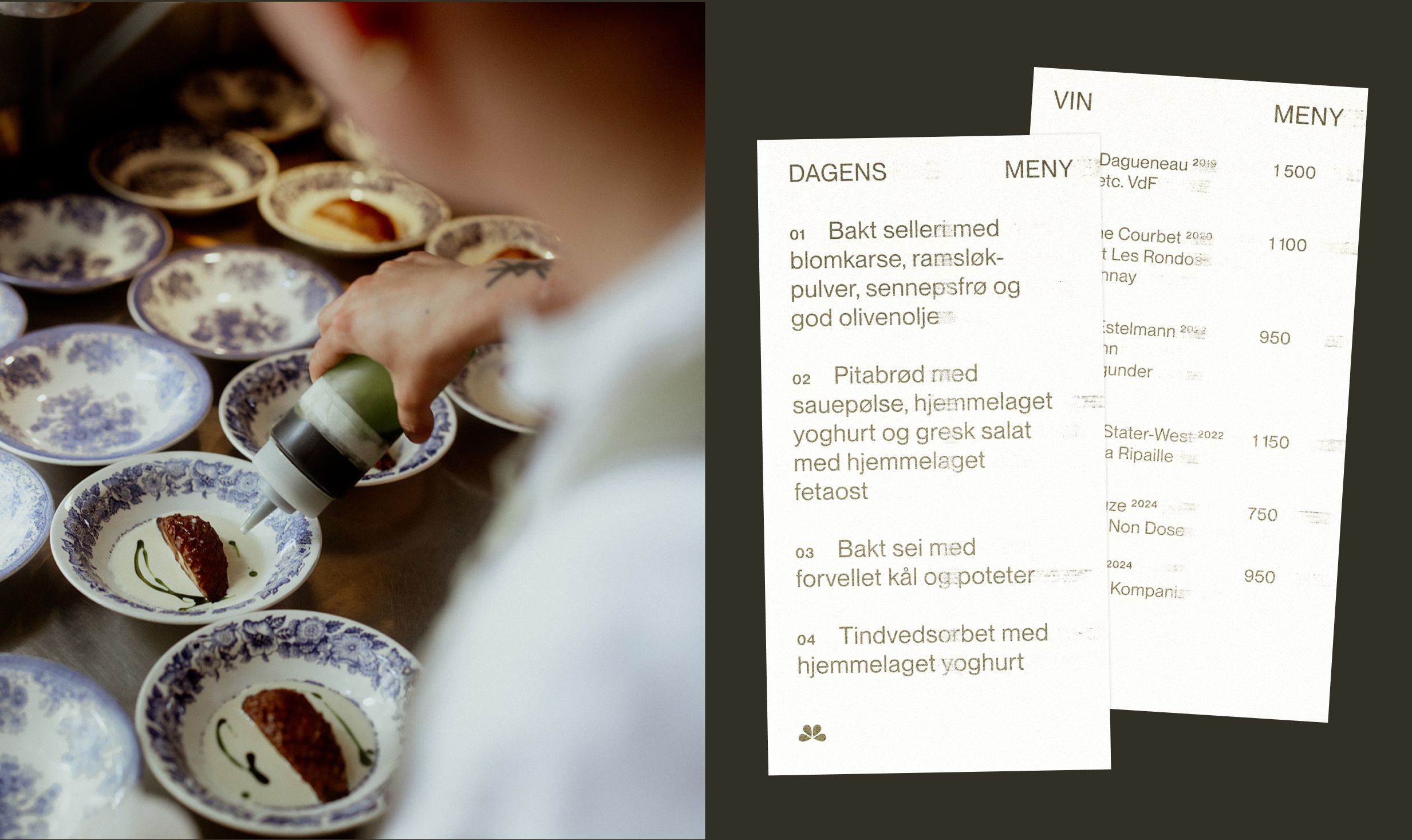 Meny og bilde av en som anretter maten